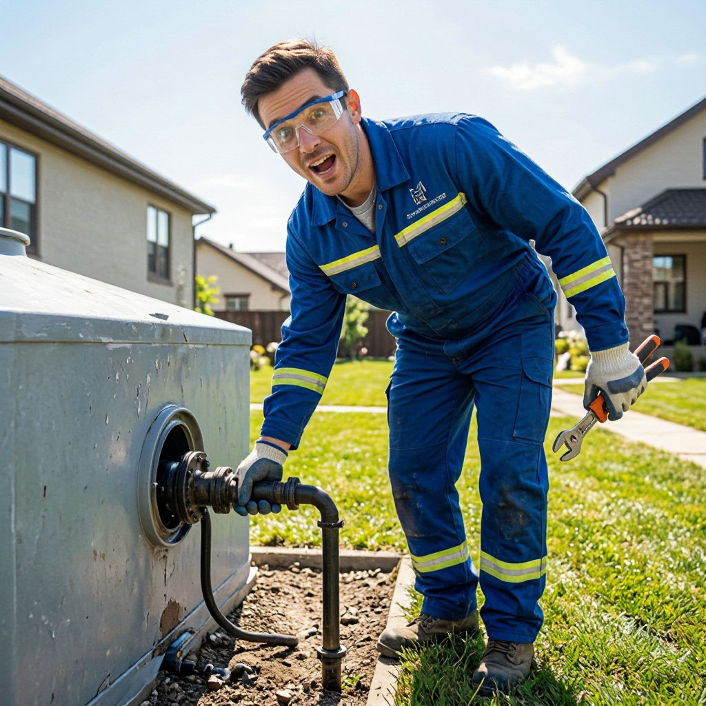 Septic service technician working on a residential system