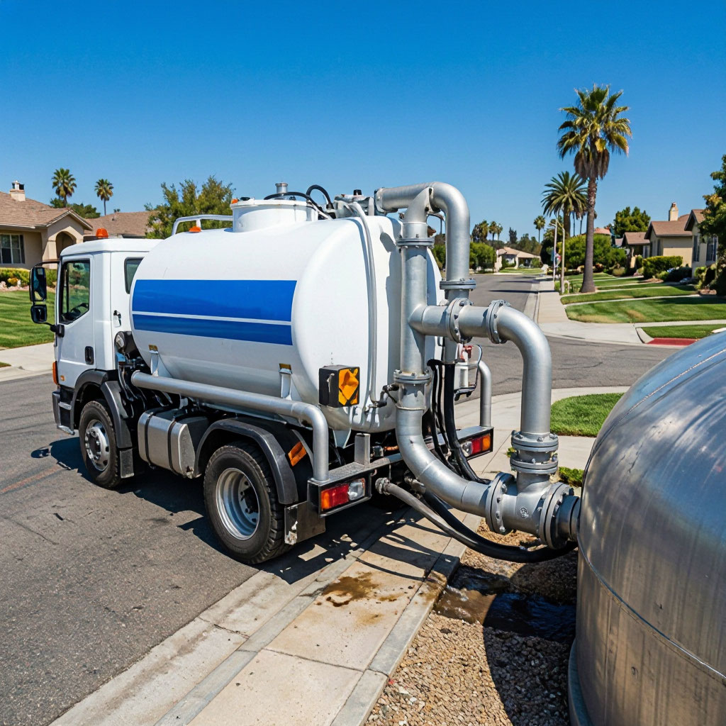 Septic vacuum truck pumping a residential tank in Corona, CA